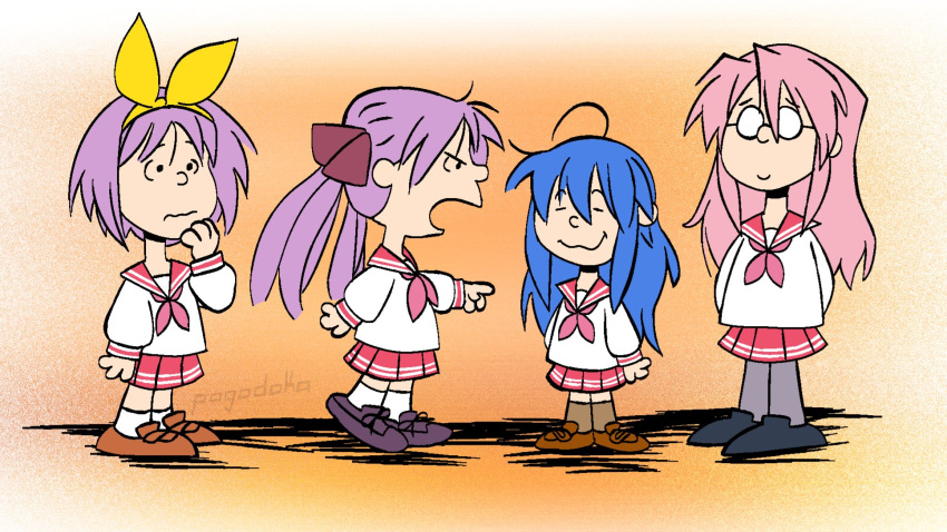 4girls, angry, blue_hair, brown_footwear, cartoonized, gloves, hair_between_eyes, highres