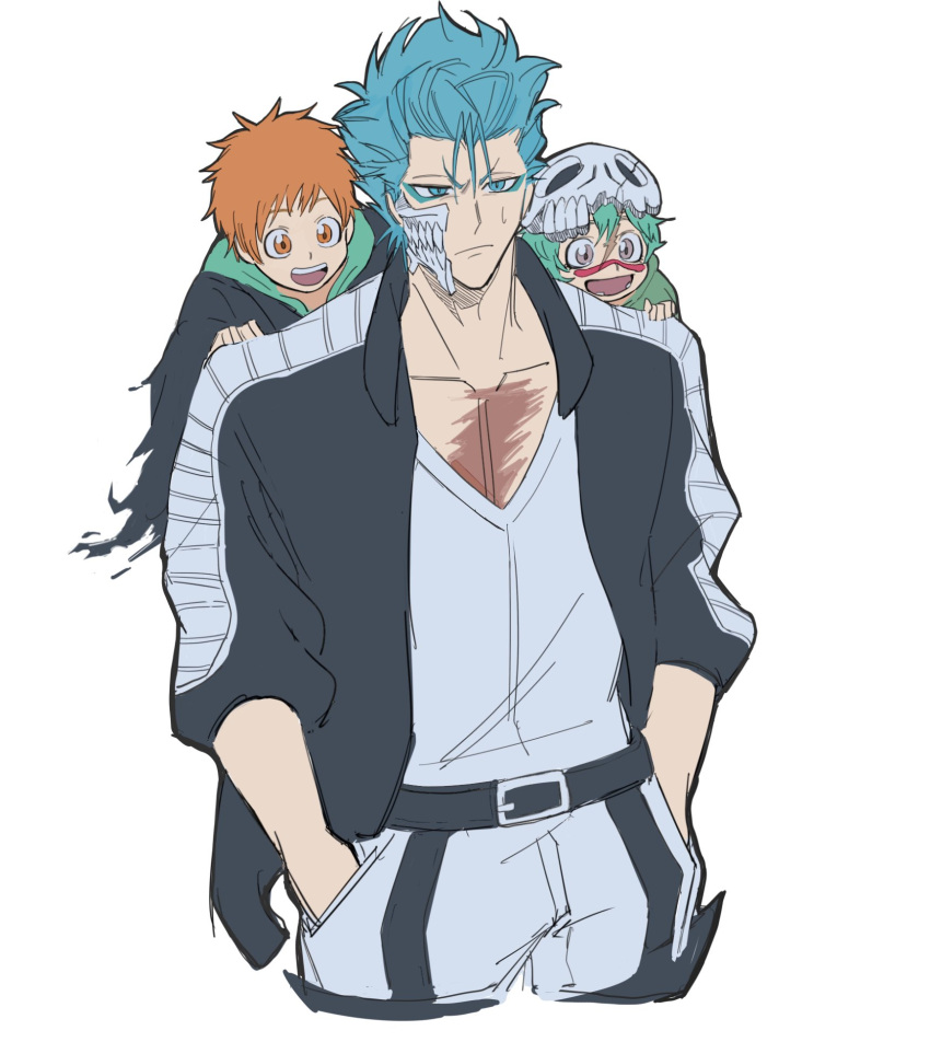 1girl, 2boys, :d, arrancar, belt, black_jacket, bleach, bleach:_epilogue
