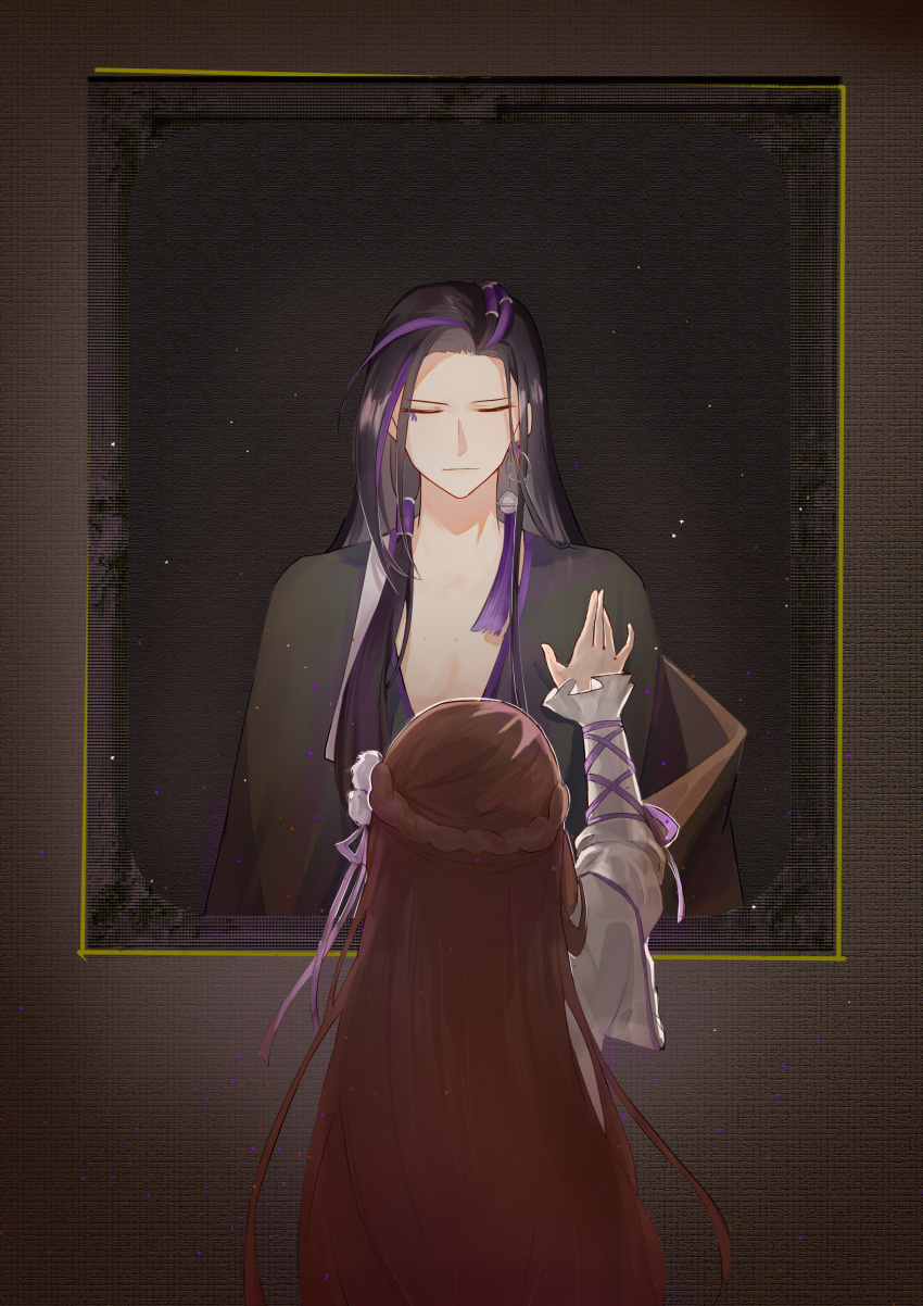 1boy, 1girl, absurdres, baiguigelierwan, black_hair, black_robe, brown_hair, chinese_clothes