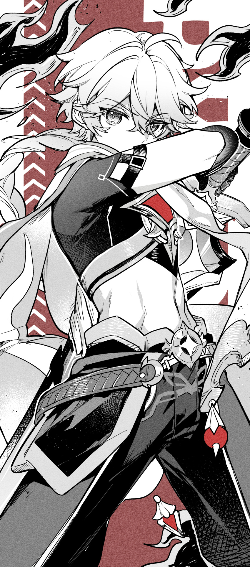 1boy, absurdres, aether_(genshin_impact), ahoge, arm_armor, baggy_pants, belt, border