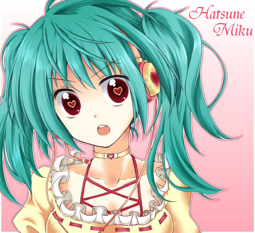 aqua_hair, bust, choker, face, hatsune_miku, headset, heart, kiseki