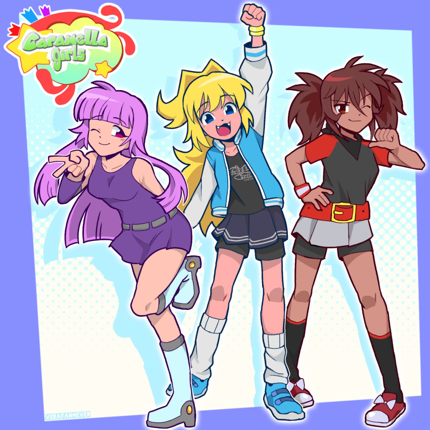 3girls, arm_up, blonde_hair, breasts, brown_hair, caramella_girls, clothes_writing, commentary