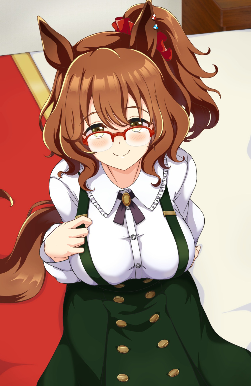 1girl, animal_ears, aston_machan_(umamusume), bed, blush, breasts, brown_hair, casual, closed_mouth, commentary_request, glasses, green_eyes, hair_between_eyes, hair_ornament, highres, horse_ears, horse_tail, large_breasts, looking_at_viewer, medium_hair, shiodanx, smile, solo, tail, umamusume