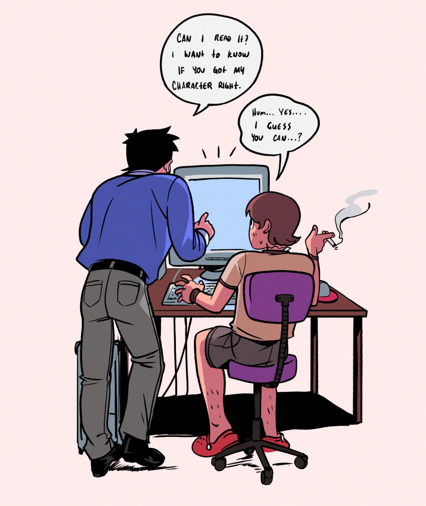 2boys, black_hair, chair, cigarette, commentary, computer, crocs, english_commentary, english_text, from_behind, highres, kanedatkm, leg_hair, male_focus, multiple_boys, neil_nordegraf, pants, scott_pilgrim_(series), scott_pilgrim_takes_off, shoes, short_hair, sitting, smoking, speech_bubble, standing, wallace_wells