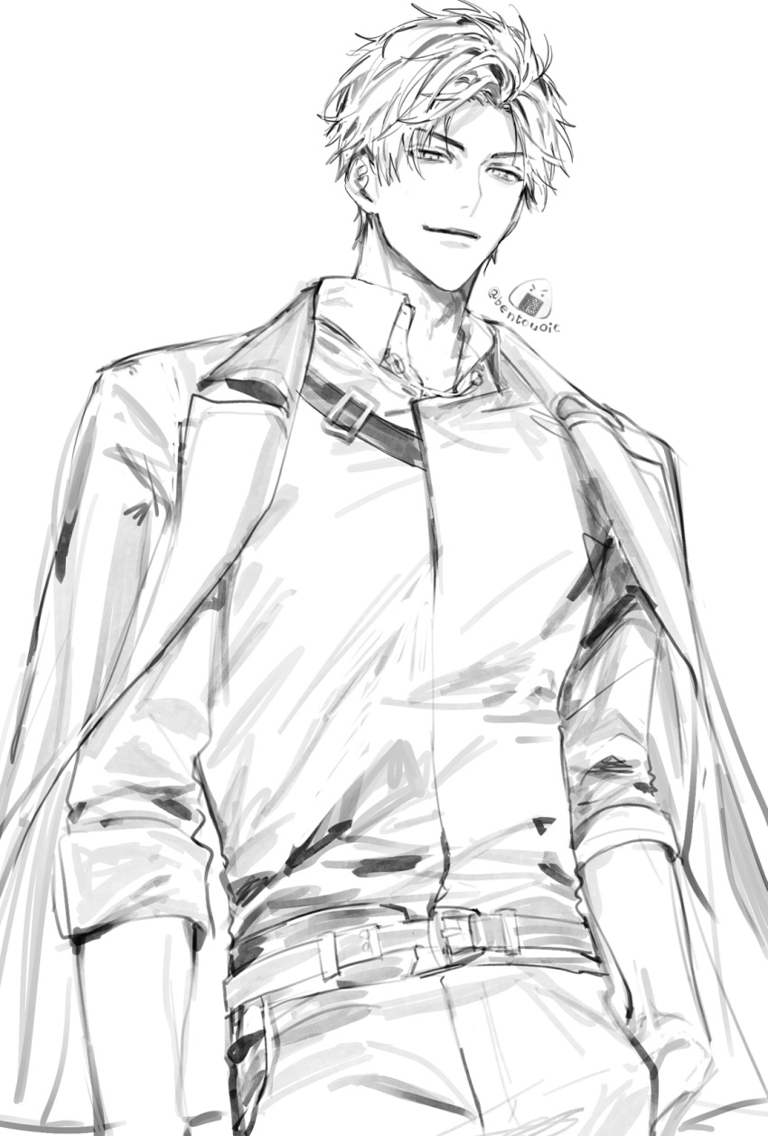 1boy, bentouoic, coat, coat_on_shoulders, cowboy_shot, greyscale, hand_in_pocket, highres