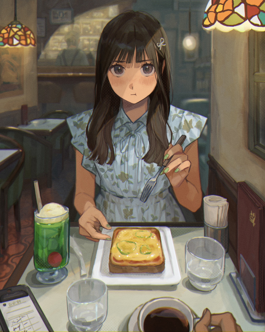 1girl, 2others, :t, absurdres, blunt_bangs, blush, bread, bread_slice