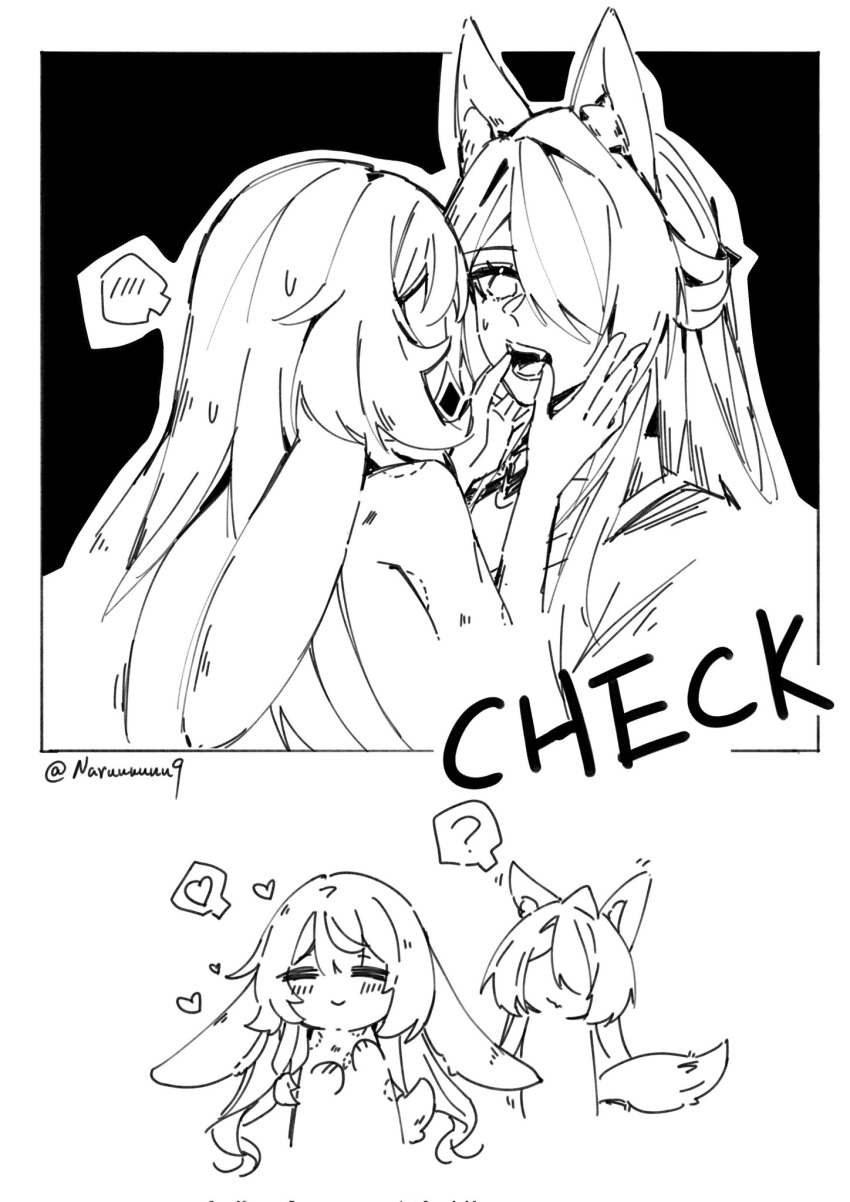 ?, acheron_(honkai:_star_rail), animal_ears, bite_mark, bite_mark_on_shoulder, black_swan_(honkai:_star_rail), blush, chibi