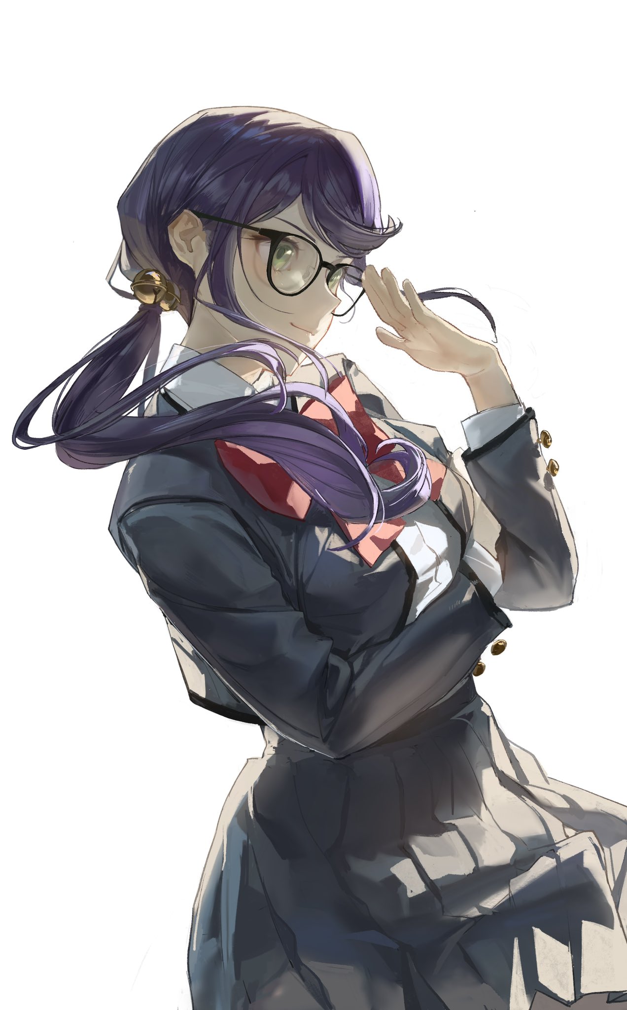 1girl, adjusting_eyewear, arm_under_breasts, bell, black-framed_eyewear, bow, bowtie, breasts