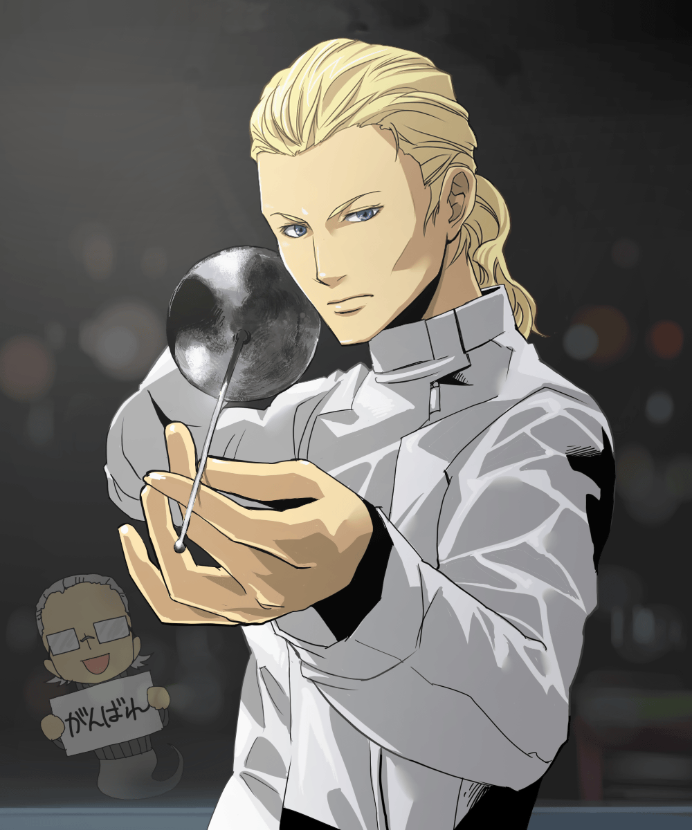 bad_id, blonde_hair, blue_eyes, epee, fencing, fencing_suit, forehead, ghost, hair_up, highres, hinoe, hinoe_(dd_works), konami, metal_gear, metal_gear_solid, metal_gear_solid_3, ponytail, pov_aiming, reverse_trap, the_boss, the_sorrow