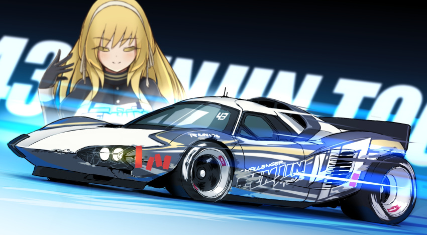 1girl, arm_up, black_gloves, blonde_hair, breasts, car, closed_eyes, english_text