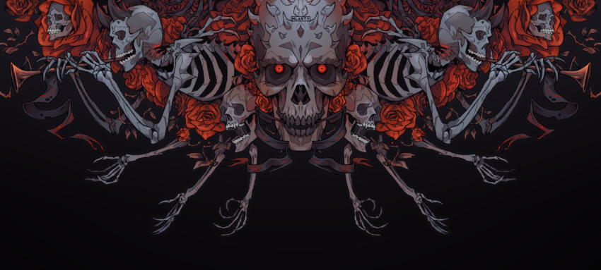 black_background, flower, glowing, glowing_eyes, highres, horns, horror_(theme), instrument