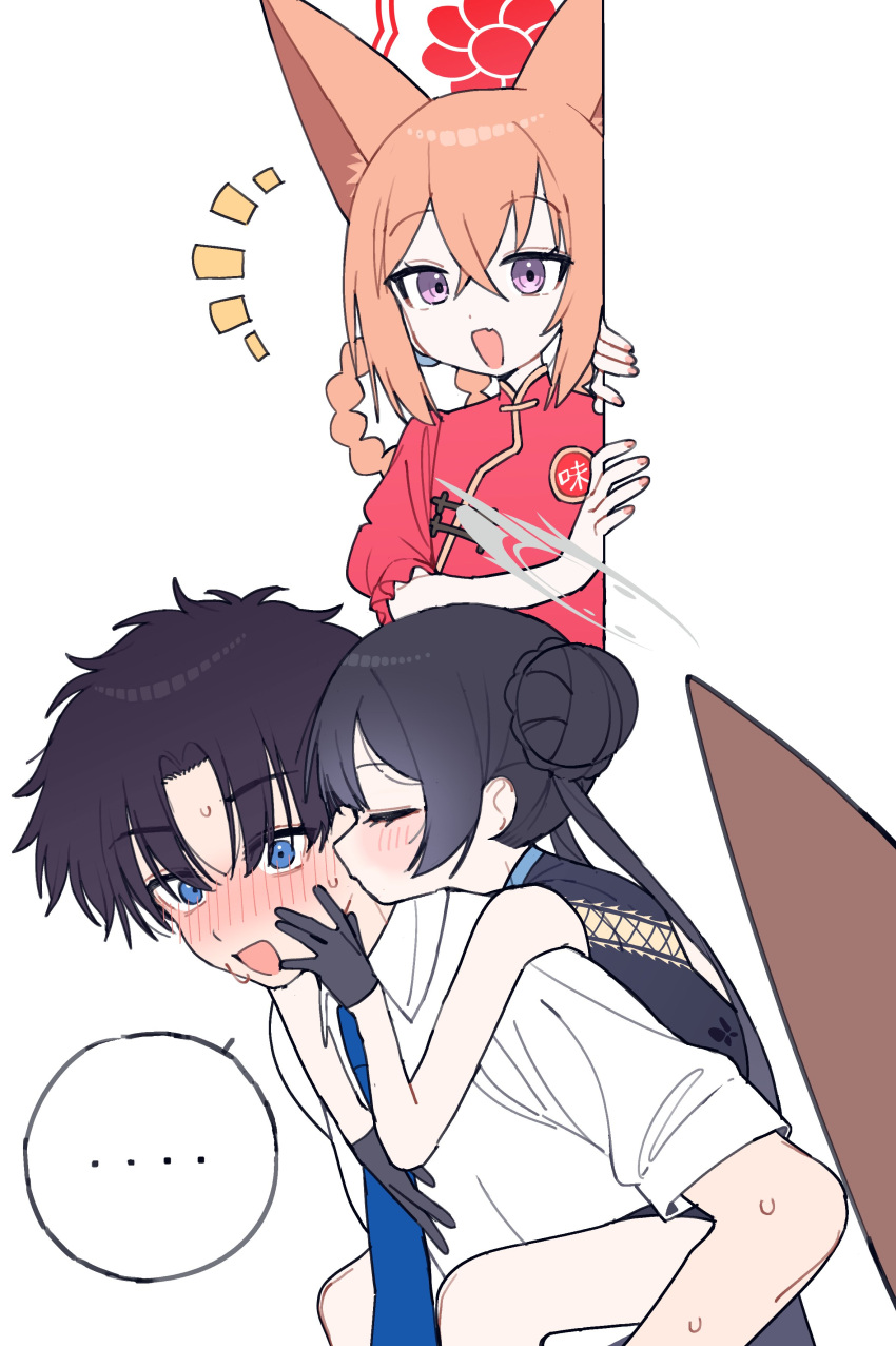 ..., 1boy, 2girls, absurdres, aged_down, animal_ears, back_cutout, bare_shoulders