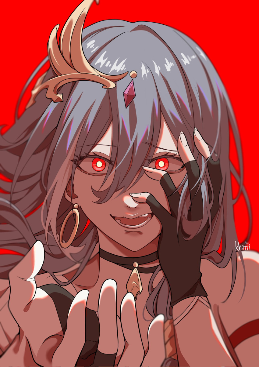 1girl, black_choker, black_gloves, choker, commentary, earrings, fingerless_gloves, fu_hua