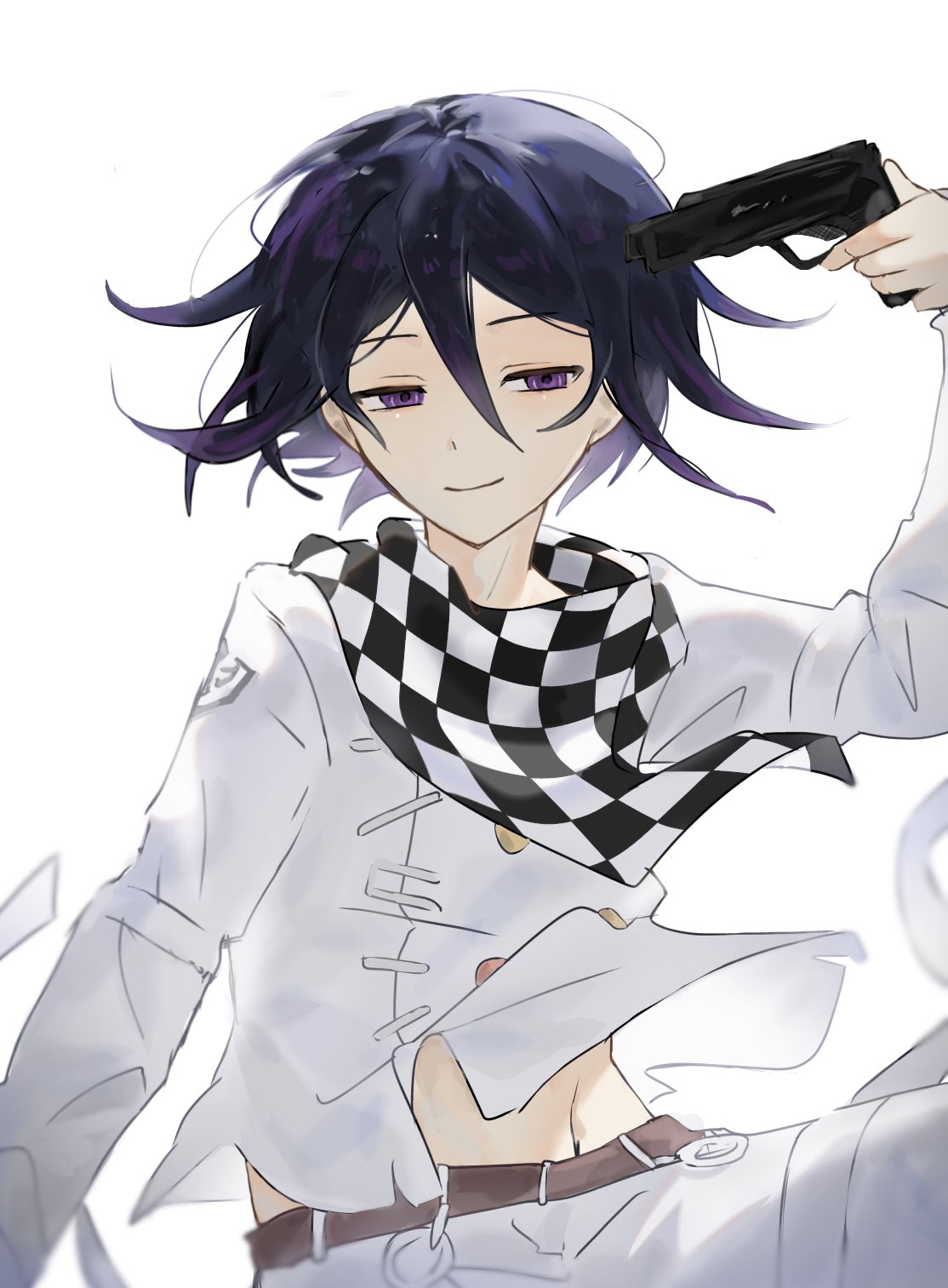 1boy, black_hair, checkered_clothes, checkered_neckerchief, danganronpa_(series), danganronpa_v3:_killing_harmony, gun, gun_to_head