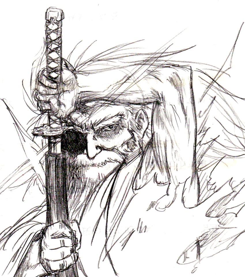 beard, daajirin.koucha, facial_hair, graphite_(medium), highres, katana, konpaku_youki, male