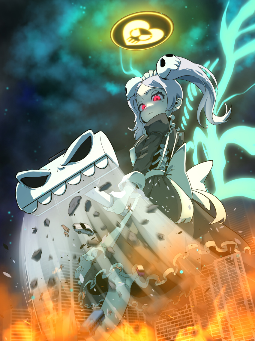 1girl, absurdres, apron, bloody_marie_(skullgirls), car, city, commission, english_commentary