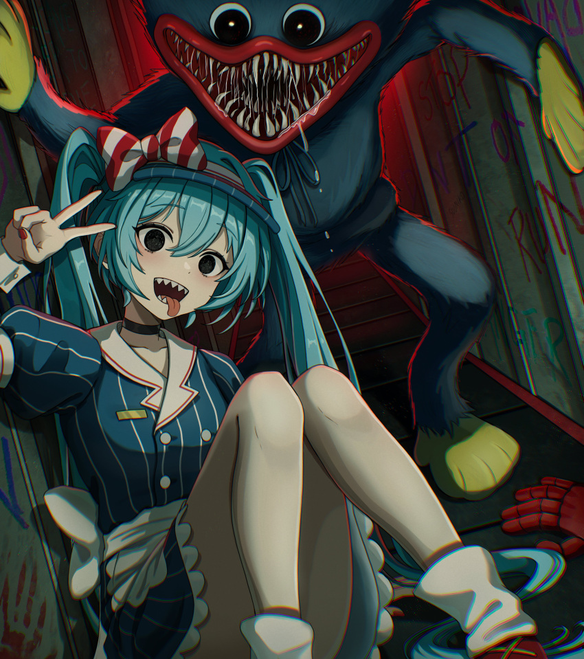 1girl, absurdres, aqua_hair, black_choker, black_eyes, blue_dress, choker, commentary