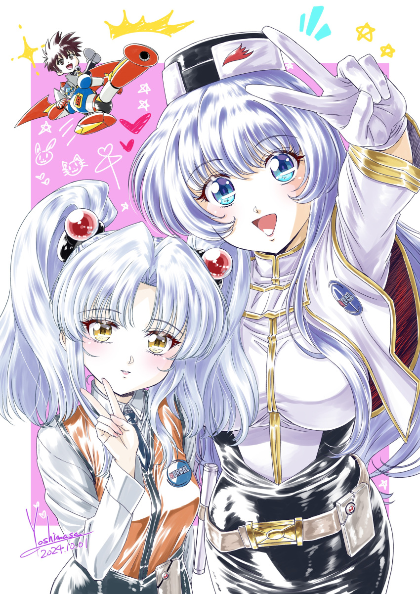 1990s_(style), 1boy, 2girls, ^^^, absurdres, ai_ai_gasa, arm_up, baton_(weapon), belt, black_necktie, black_skirt, blue_eyes, blue_hair, border, breasts, brown_hair, capelet, chibi, chibi_inset, closed_mouth, commentary_request, dated, gekiganger_3, gekiganger_3_(mecha), gloves, hair_bobbles, hair_ornament, hat, heart, height_difference, highres, hoshino_ruri, jacket, kidou_senkan_nadesico, large_breasts, light_blue_hair, long_hair, long_sleeves, looking_at_viewer, military_uniform, misumaru_yurika, multiple_girls, necktie, notice_lines, open_mouth, orange_vest, outside_border, pencil_skirt, retro_artstyle, shirt, signature, skirt, smile, star_(symbol), tenkawa_akito, twintails, v, very_long_hair, vest, weapon, white_belt, white_border, white_capelet, white_gloves, white_hair, white_jacket, white_shirt, yellow_eyes, yoshinaga_masahiro