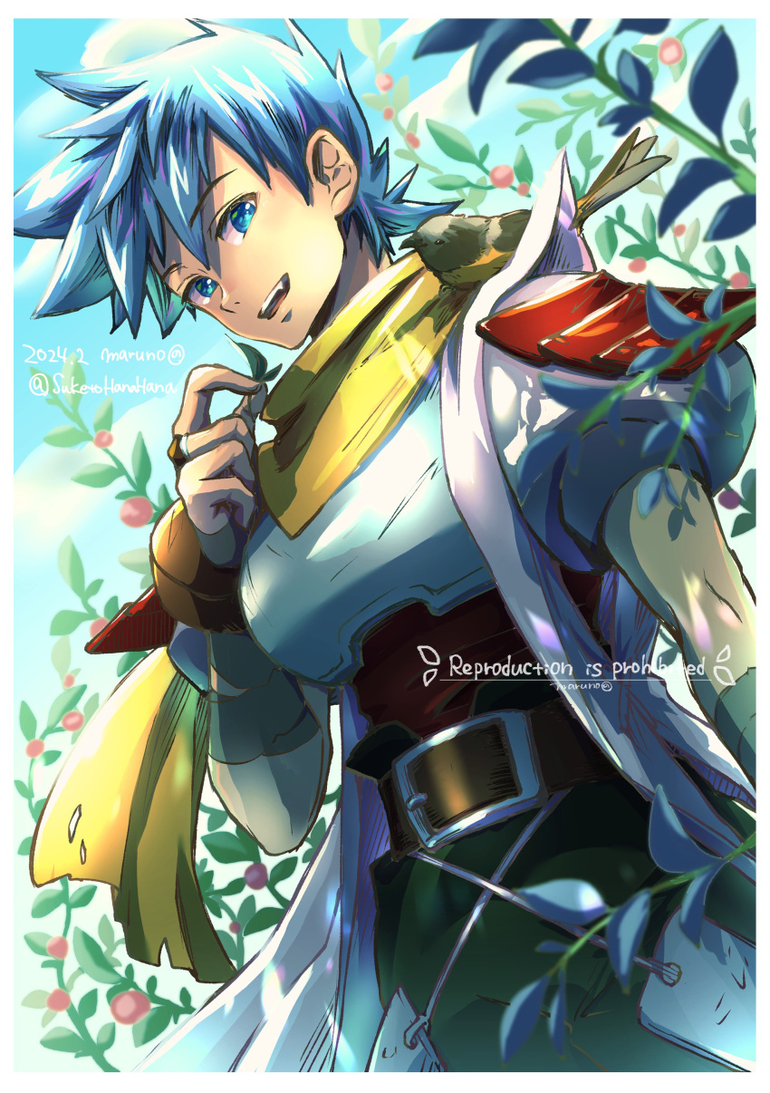 1boy, absurdres, animal_on_shoulder, armor, belt, belt_buckle, bird, blue_eyes, blue_hair, border, breath_of_fire, breath_of_fire_iii, buckle, cowboy_shot, dutch_angle, green_pants, highres, holding, holding_leaf, leaf, male_focus, maruno, pants, puffy_short_sleeves, puffy_sleeves, ryu_(breath_of_fire_iii), scarf, short_hair, short_sleeves, smile, solo, teeth, upper_teeth_only, watermark, white_border, yellow_scarf