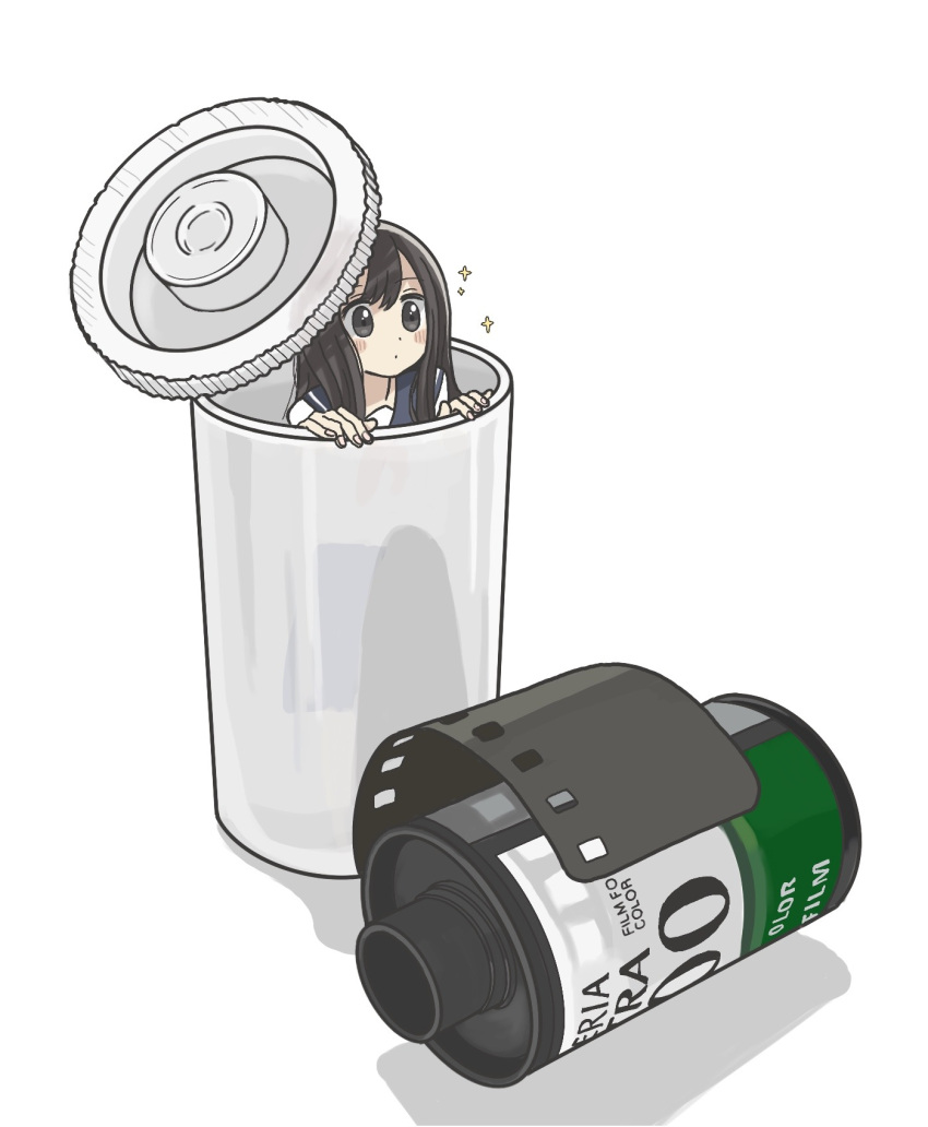 1girl, black_eyes, black_hair, blue_sailor_collar, blush_stickers, film_canister, film_strip, highres