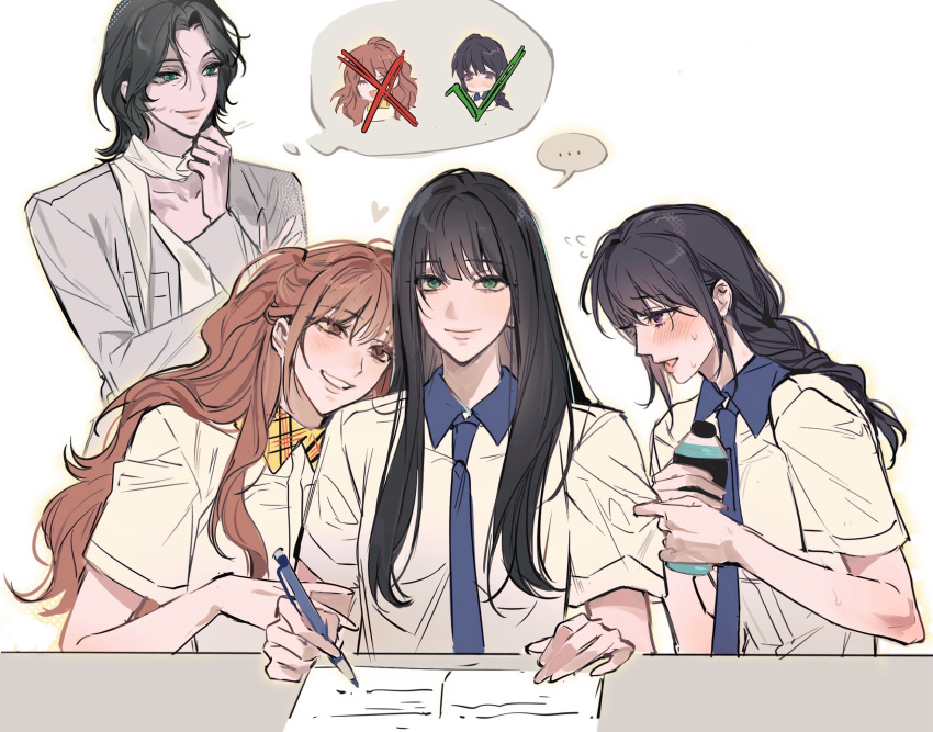 ..., 4girls, black_hair, blue_collar, blue_necktie, blush, bottle, braid, brown_eyes, brown_hair, checkmark, chinese_commentary, choi_yeowoon, closed_mouth, collar, collared_shirt, commentary_request, gil_somyung, green_eyes, heart, highres, holding, holding_bottle, holding_pen, like_mother_like_daughter, long_hair, looking_at_another, looking_at_viewer, m_omoo, medium_hair, multiple_girls, necktie, open_mouth, paper, pen, school_uniform, seo_namsoo, shirt, sitting, smile, somyung's_mother_(like_mother_like_daughter), spoken_ellipsis, thought_bubble, violet_eyes, water_bottle, white_shirt, yellow_collar, yuri