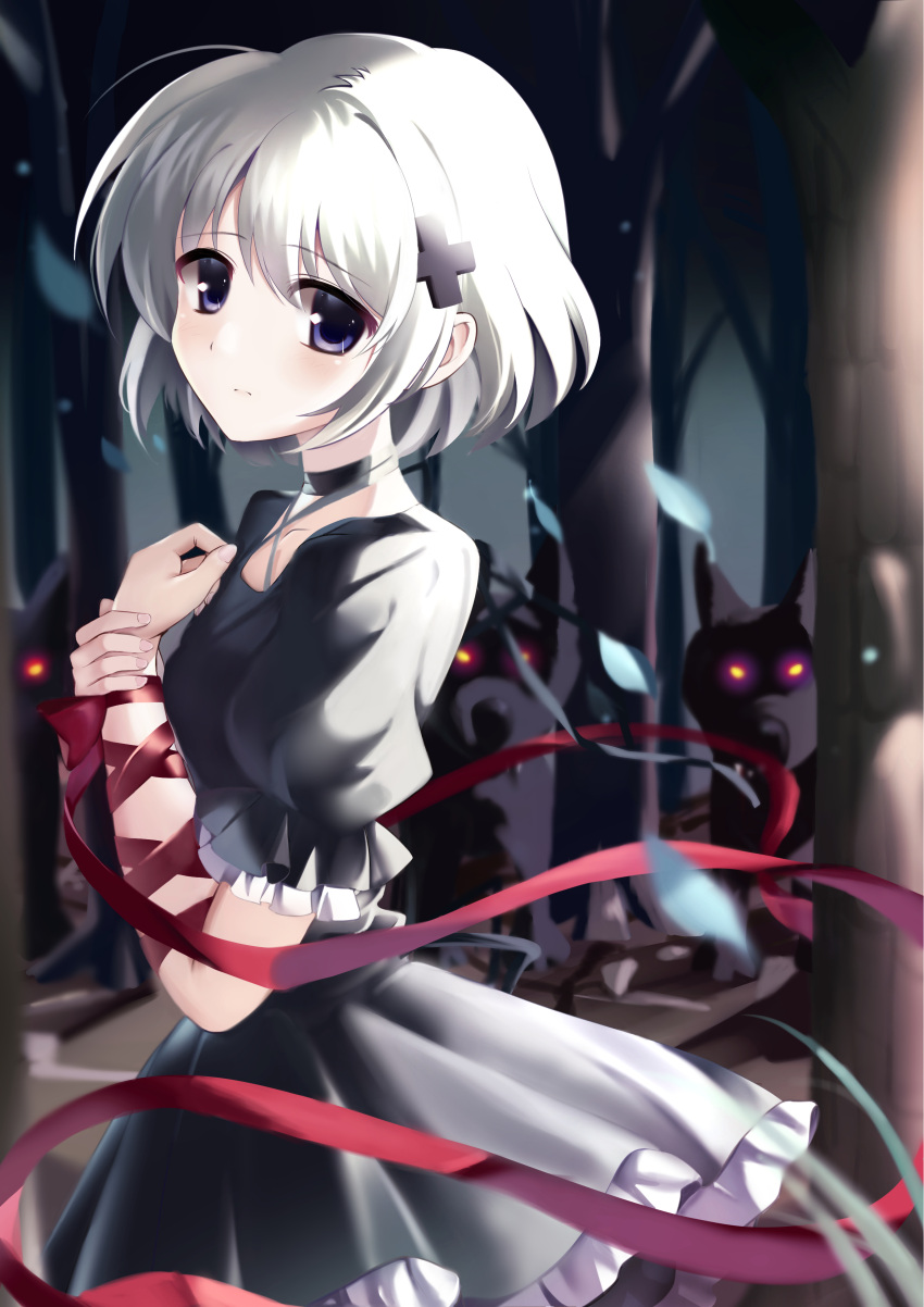 1girl, absurdres, arm_ribbon, black_choker, black_dress, blurry, blurry_background, blush