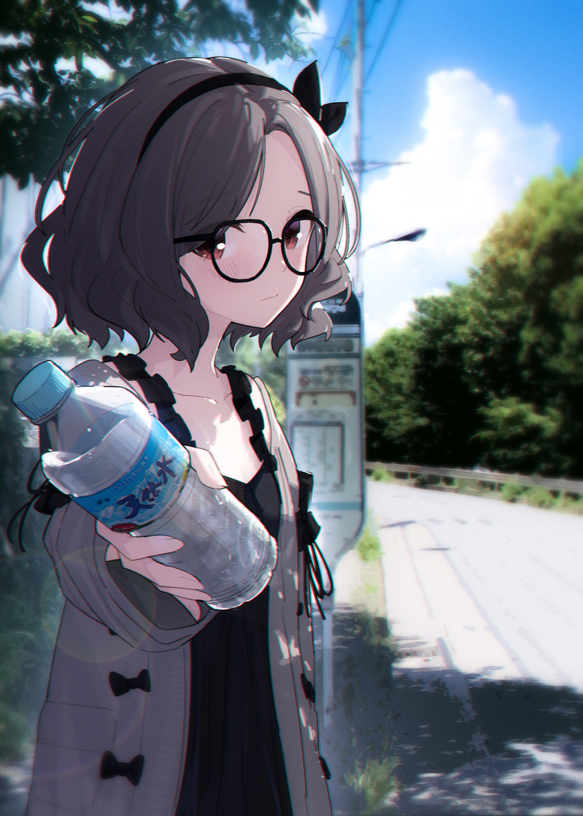1girl, black-framed_eyewear, black_dress, black_hairband, black_ribbon, blurry, blurry_background, bottle