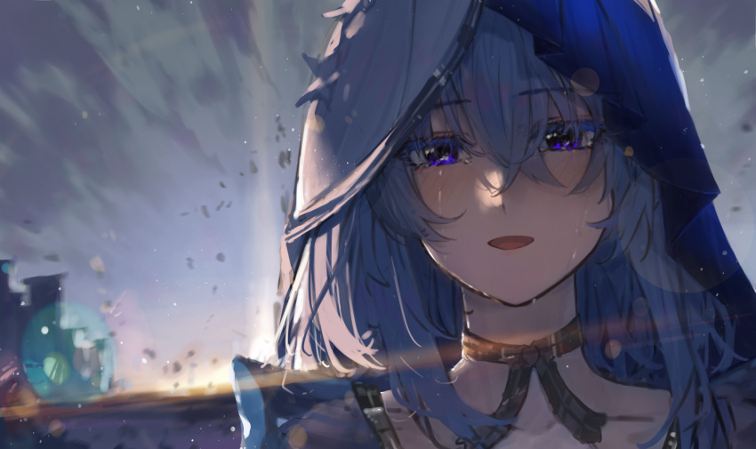 1girl, absurdres, blue_veil, blurry, blurry_background, blush, choker, close-up, colored_eyelashes, commentary_request, crying, crying_with_eyes_open, dress, highres, ian46166491, looking_at_viewer, open_mouth, purple_pupils, solo, tears, the_shorekeeper_(wuthering_waves), two-tone_veil, veil, white_dress, wuthering_waves