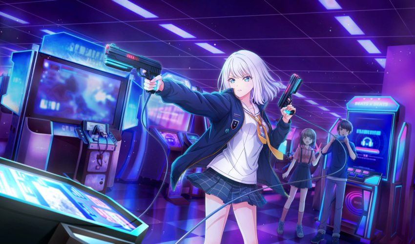 1girl, 2girls, arcade, black_jacket, black_skirt, blue_eyes, blue_footwear, blue_shirt