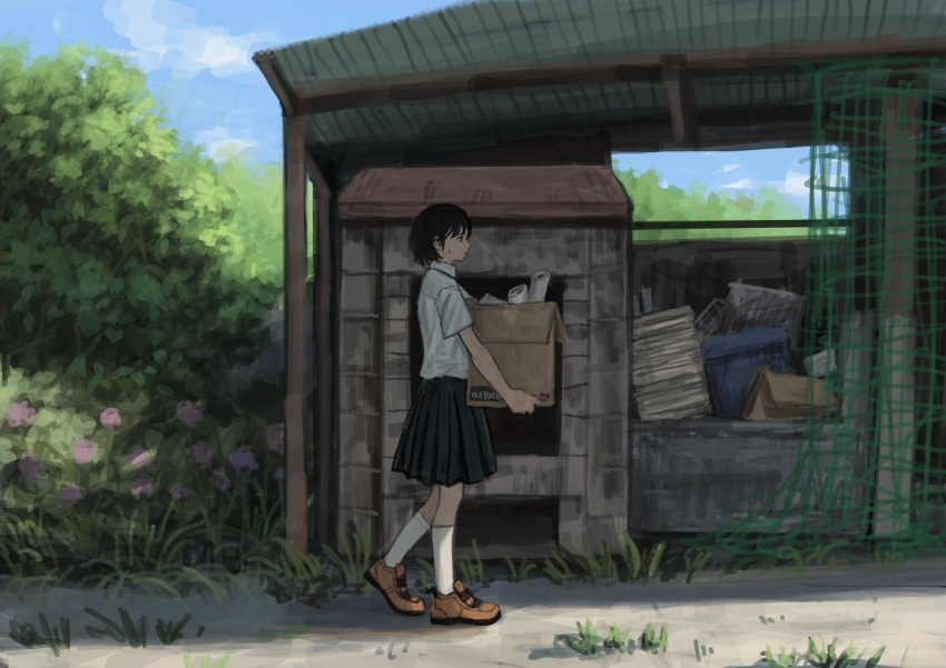 1girl, artist_name, black_hair, black_skirt, blue_sky, box, brown_footwear, cardboard_box