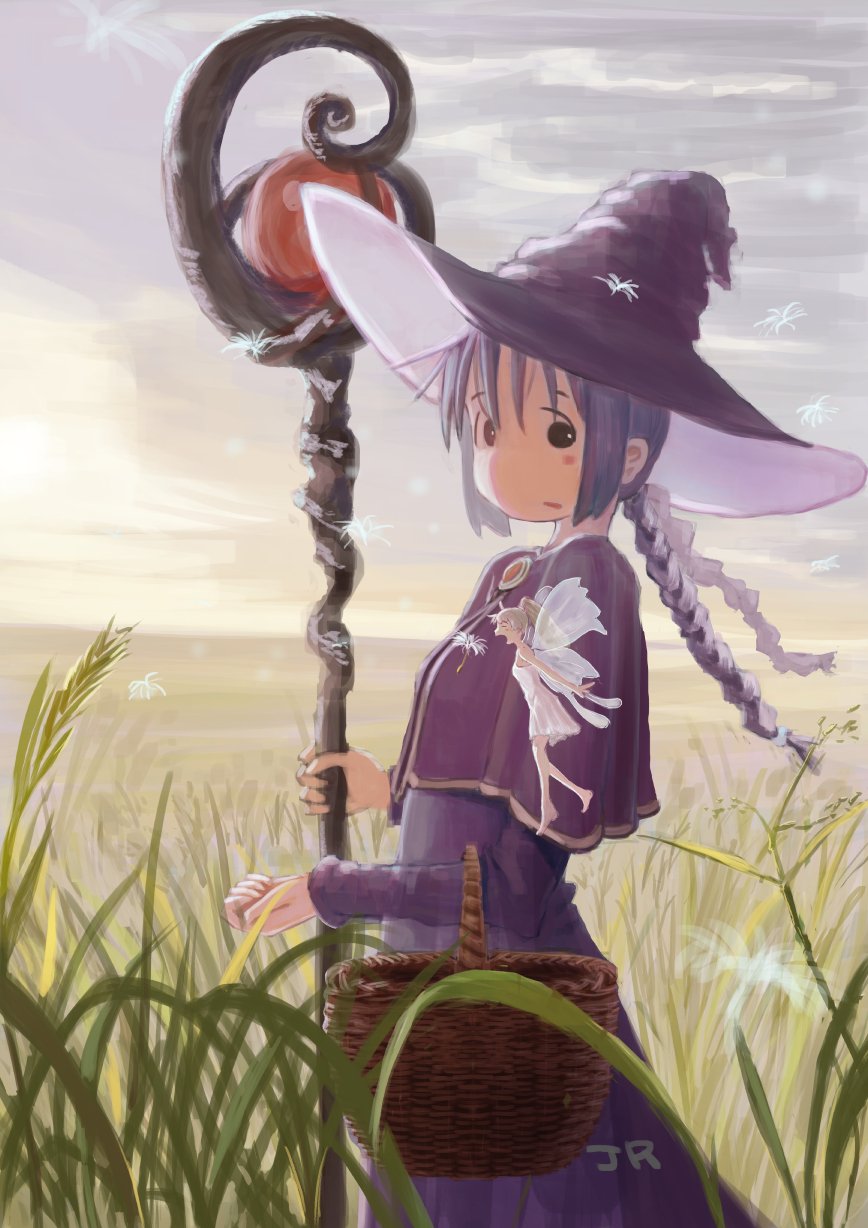 2girls, 5afvb, basket, black_hair, blonde_hair, blush_stickers, braid, brooch