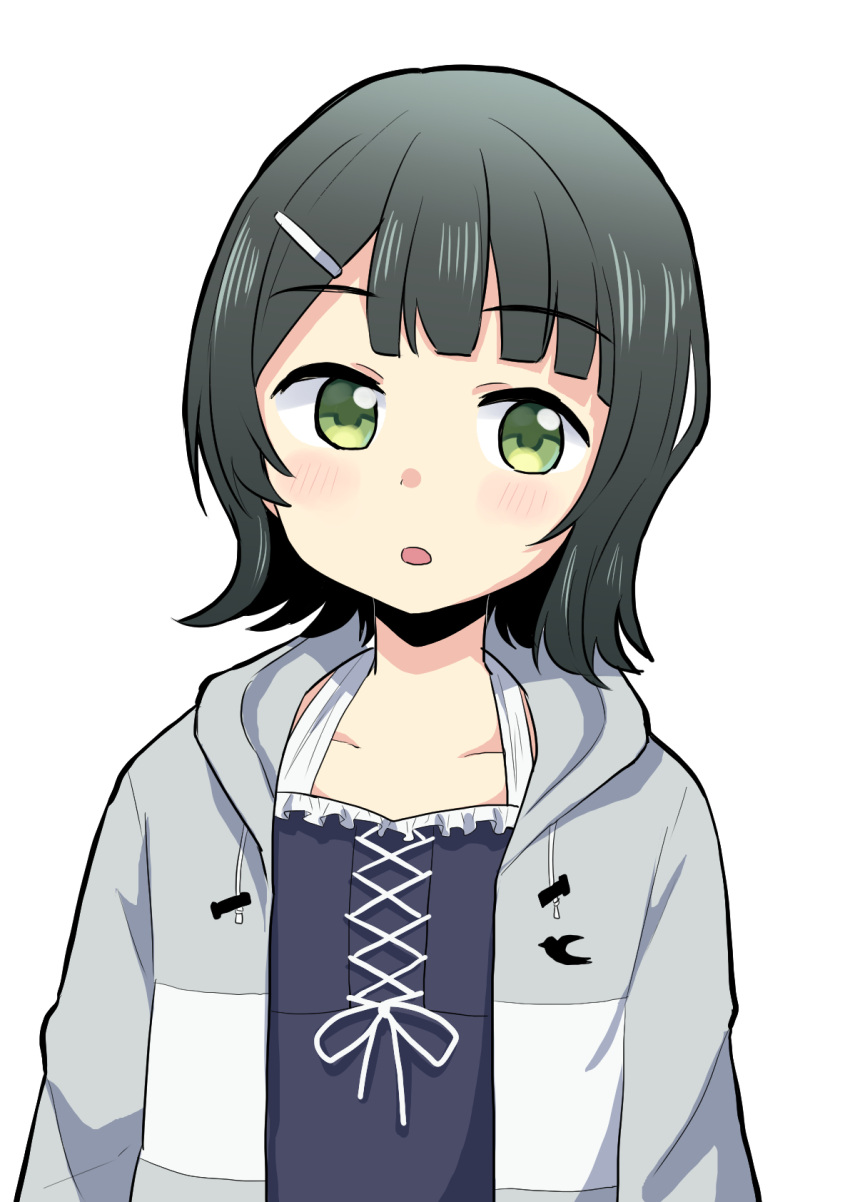 1girl, black_hair, black_one-piece_swimsuit, blunt_bangs, blush, collarbone, commentary_request, cross-laced_clothes