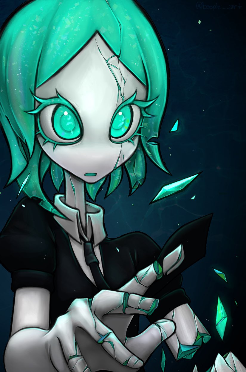 1other, androgynous, aqua_eyes, aqua_gemstone, aqua_hair, black_background, black_shirt, bloopy