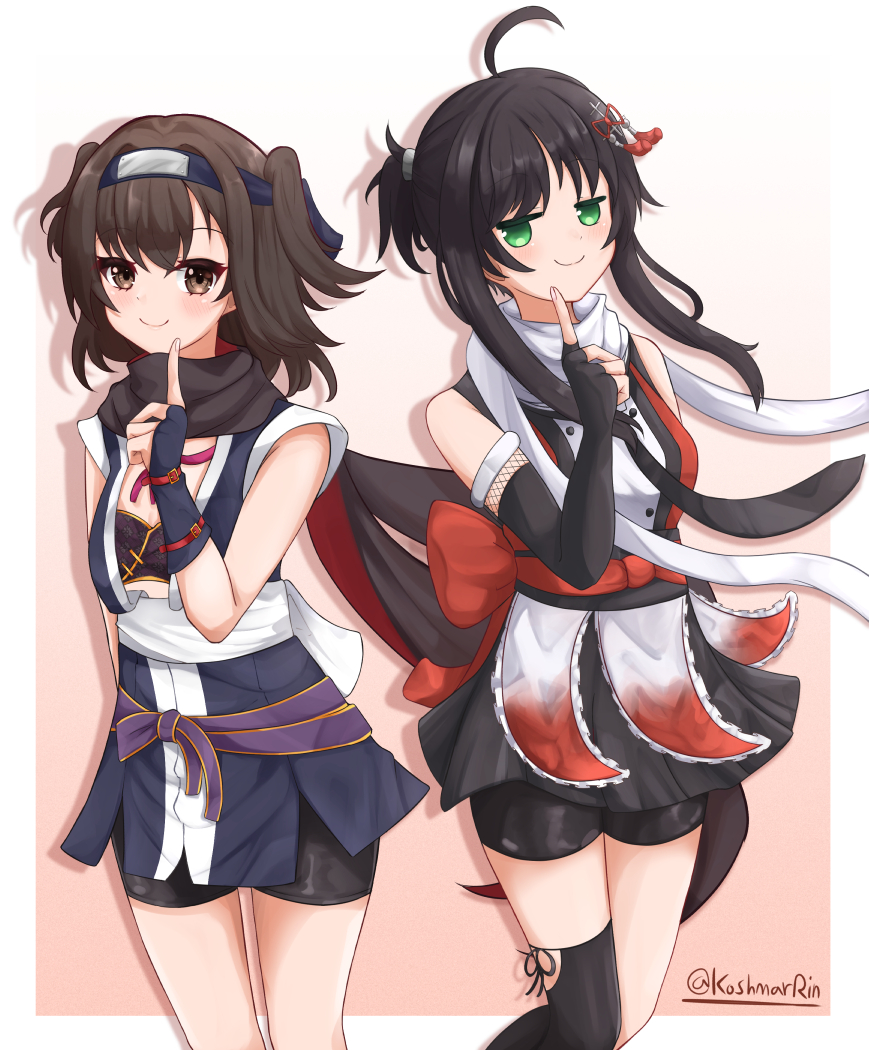 2girls, ahoge, arm_at_side, back_bow, bare_shoulders, bike_shorts, black_gloves, black_hair