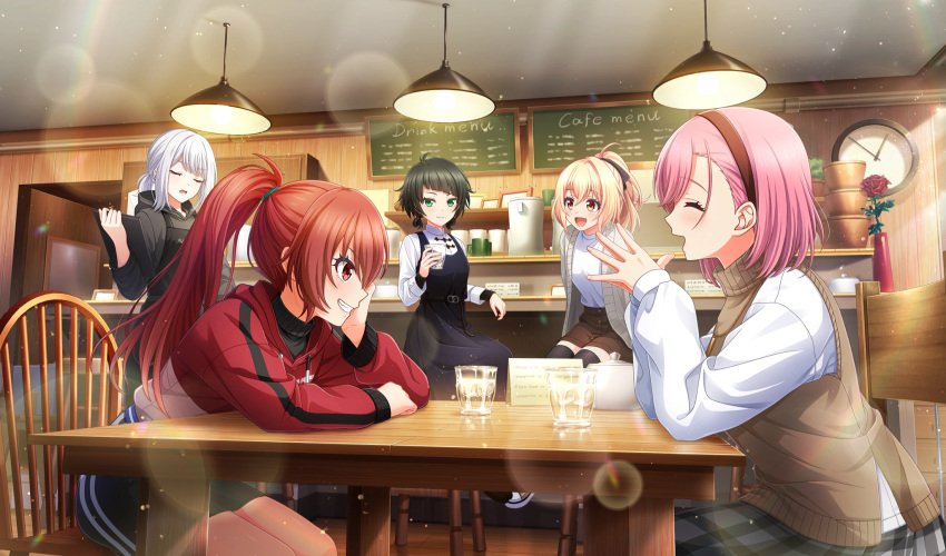 5girls, agatsuma_sora, apron, black_apron, black_dress, black_hair, black_hoodie, black_shirt