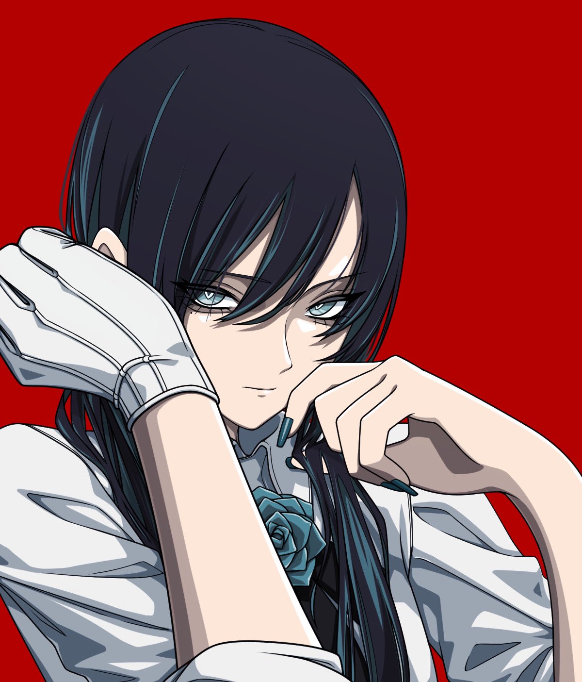 1girl, ado_(utaite), blue_eyes, blue_flower, blue_hair, blue_nails, blue_rose, chando_(ado)
