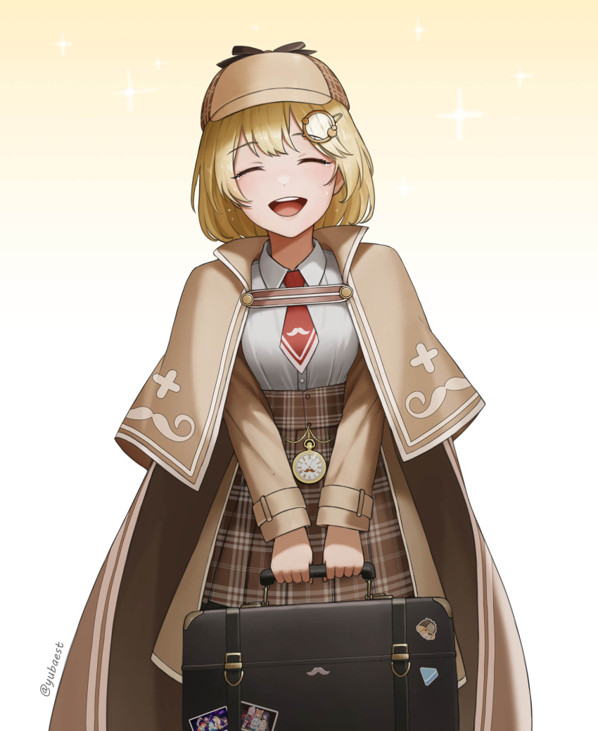 1girl, absurdres, blonde_hair, brown_capelet, brown_coat, brown_skirt, capelet, closed_eyes
