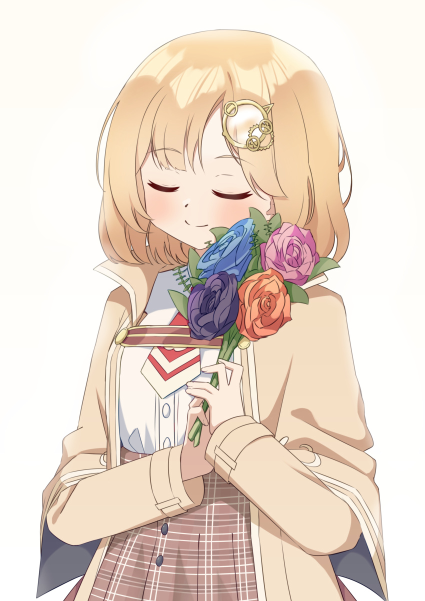 1girl, absurdres, blonde_hair, blush, brown_coat, brown_skirt, closed_eyes, closed_mouth