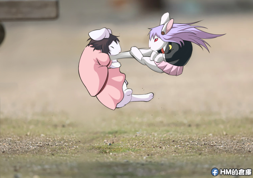 animal, animal_focus, animalization, black_hair, black_jacket, clothed_animal, commentary_request, crescent, crescent_pin, dress, facebook_username, full_body, grass, highres, inaba_tewi, inaba_tewi_(bunny), jacket, kicking, long_sleeves, mkay4752, necktie, no_humans, photo_background, pink_dress, pink_skirt, purple_hair, rabbit, red_necktie, reisen_udongein_inaba, reisen_udongein_inaba_(bunny), skirt, touhou