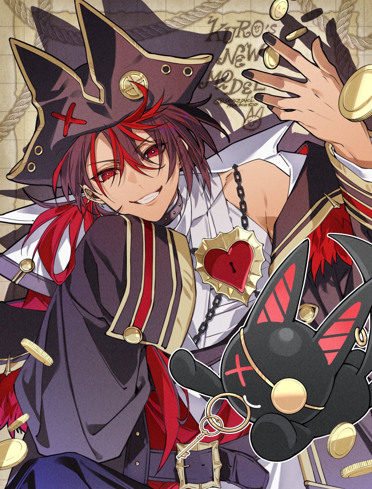 1boy, belt, black_coat, blue_pants, brown_hair, chain, character_name, coat