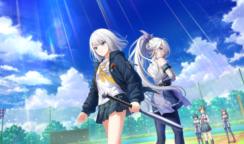 5girls, baseball_bat, baseball_stadium, black-framed_eyewear, black_dress, black_hair, black_jacket, black_pantyhose
