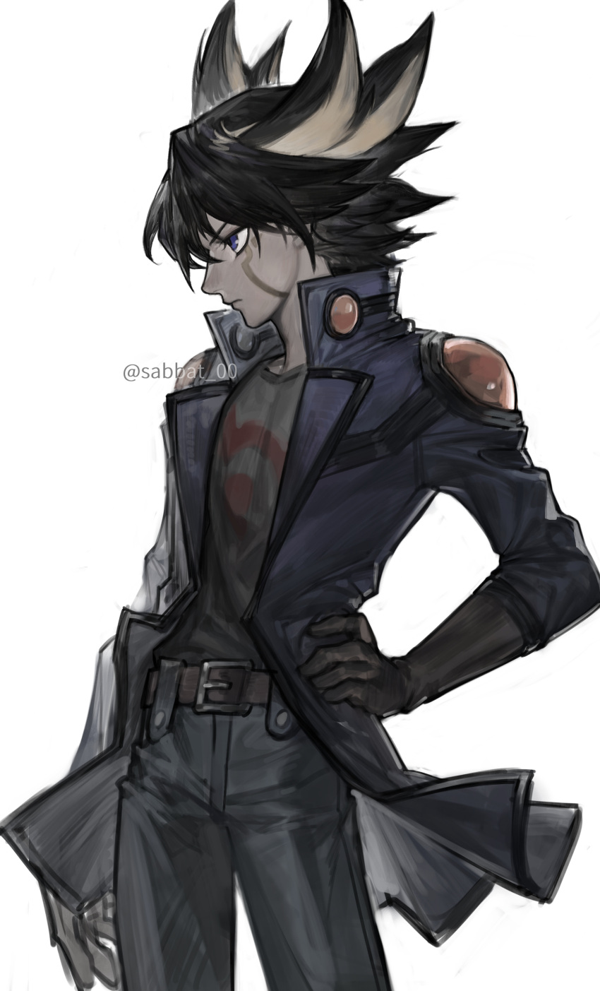 1boy, absurdres, blue_eyes, blue_jacket, facial_mark, facial_tattoo, fudo_yusei, gloves