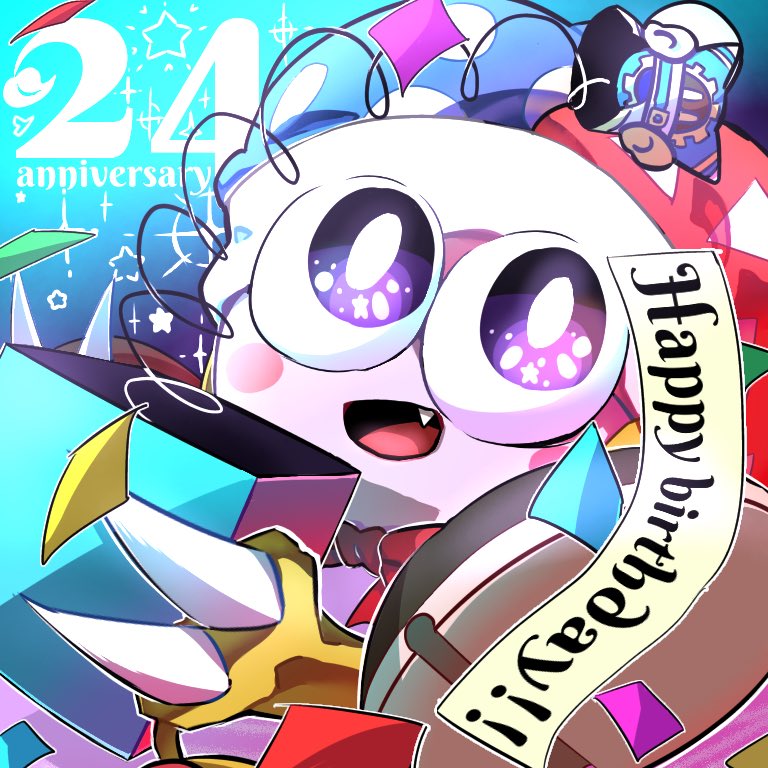 animal_hands, anniversary, banner, birthday, blue_background, blue_hat, blush_stickers, bow