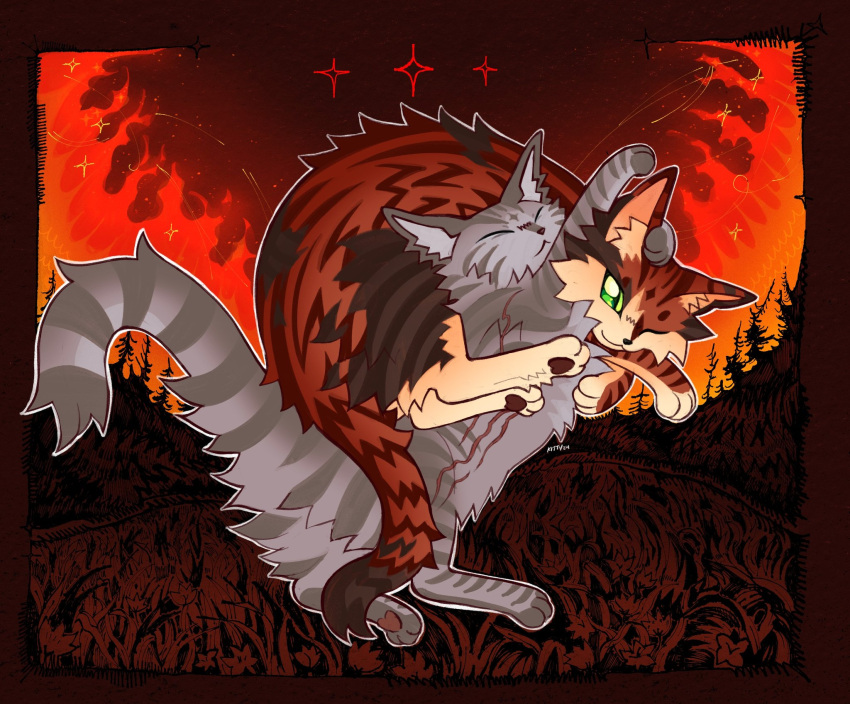 animal, animal_focus, cat, closed_eyes, commentary, cuddling, english_commentary, green_eyes