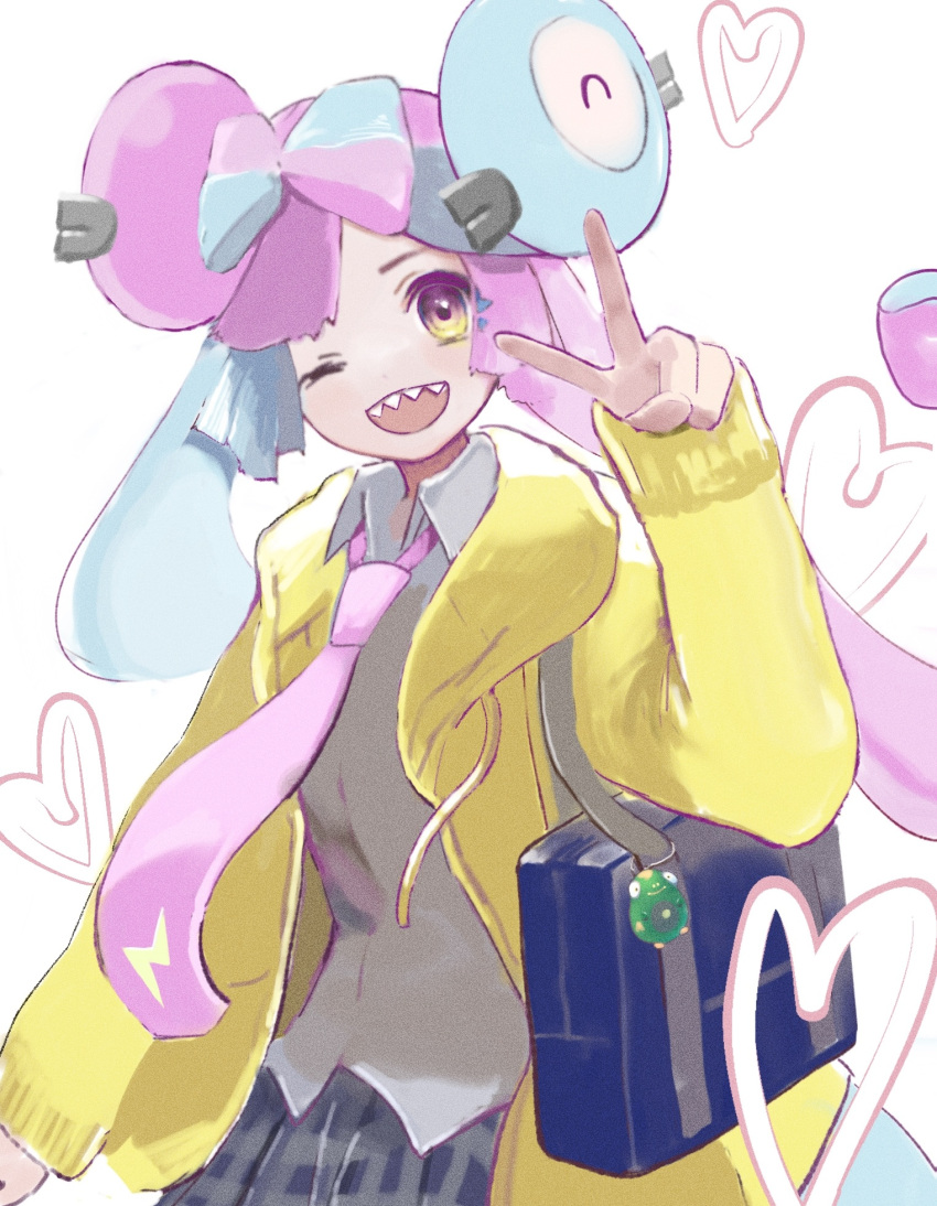 1girl, ;d, alternate_costume, blue_bag, bow-shaped_hair, character_hair_ornament, collared_shirt, commentary_request