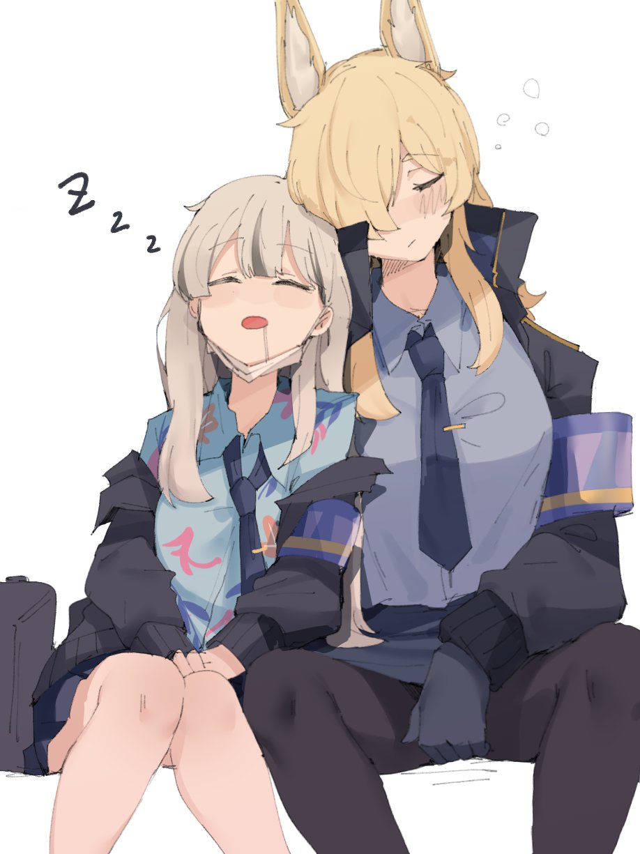 2girls, animal_ear_fluff, animal_ears, armband, between_legs, black_jacket, black_pantyhose, blonde_hair