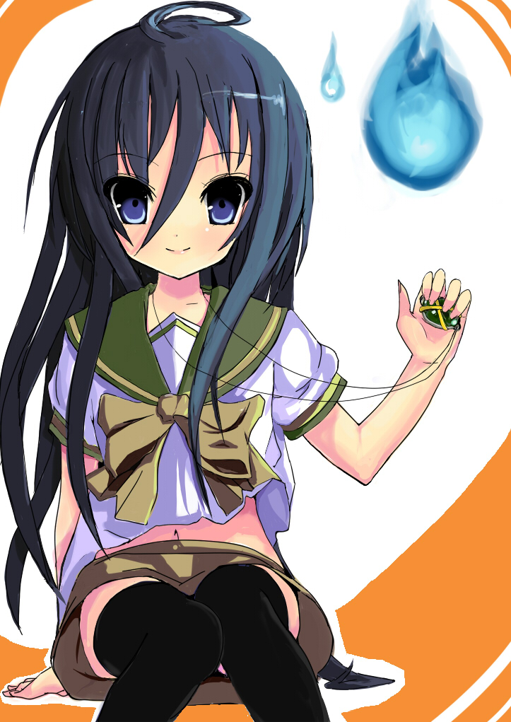 alastor, black_hair, blue_eyes, blue_fire, blue_flame, fire, hitodama, jewelry, long_hair, necklace, otyanoha_ronpa2, school_uniform, shakugan_no_shana, shana, thigh-highs, thighhighs