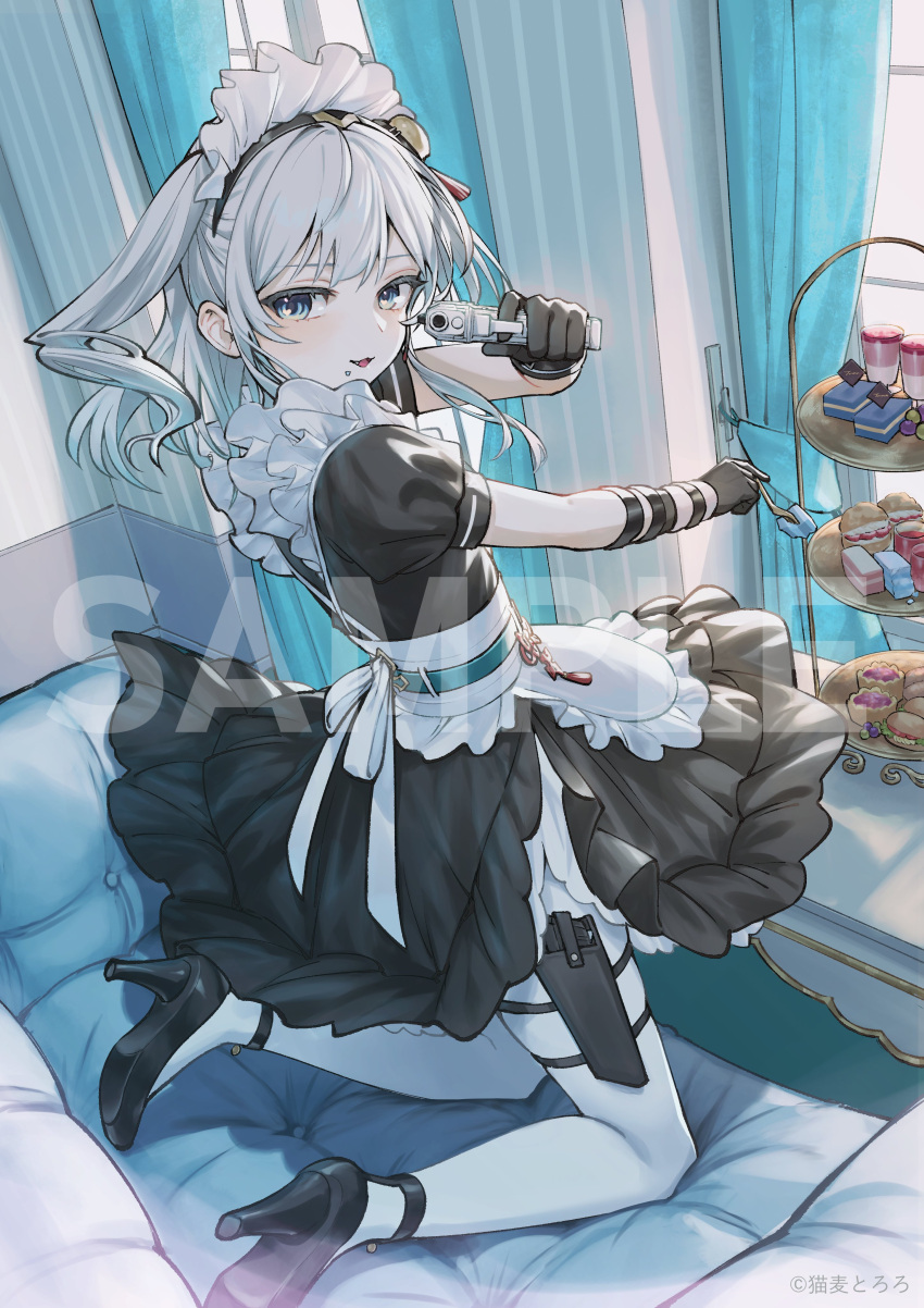 1girl, absurdres, aiming, aiming_at_viewer, alternate_costume, apron, arm_strap, belt
