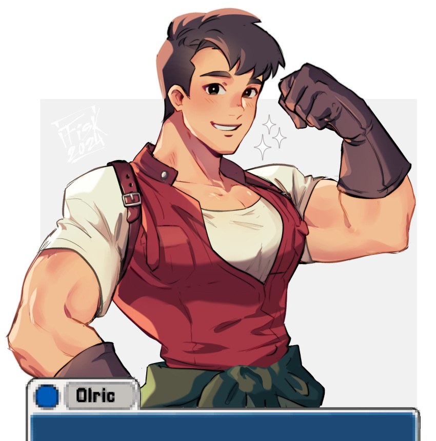 1boy, absurdres, arm_up, belt, blush, brown_belt, brown_gloves, brown_hair, character_name, clothes_around_waist, commentary, cowboy_shot, english_commentary, fields_of_mistria, flexing, gloves, highres, impetuss, looking_at_viewer, male_focus, olric_(fields_of_mistria), red_vest, shirt, short_hair, short_sleeves, shoulder_belt, smile, solo, sparkle, teeth, vest, white_shirt