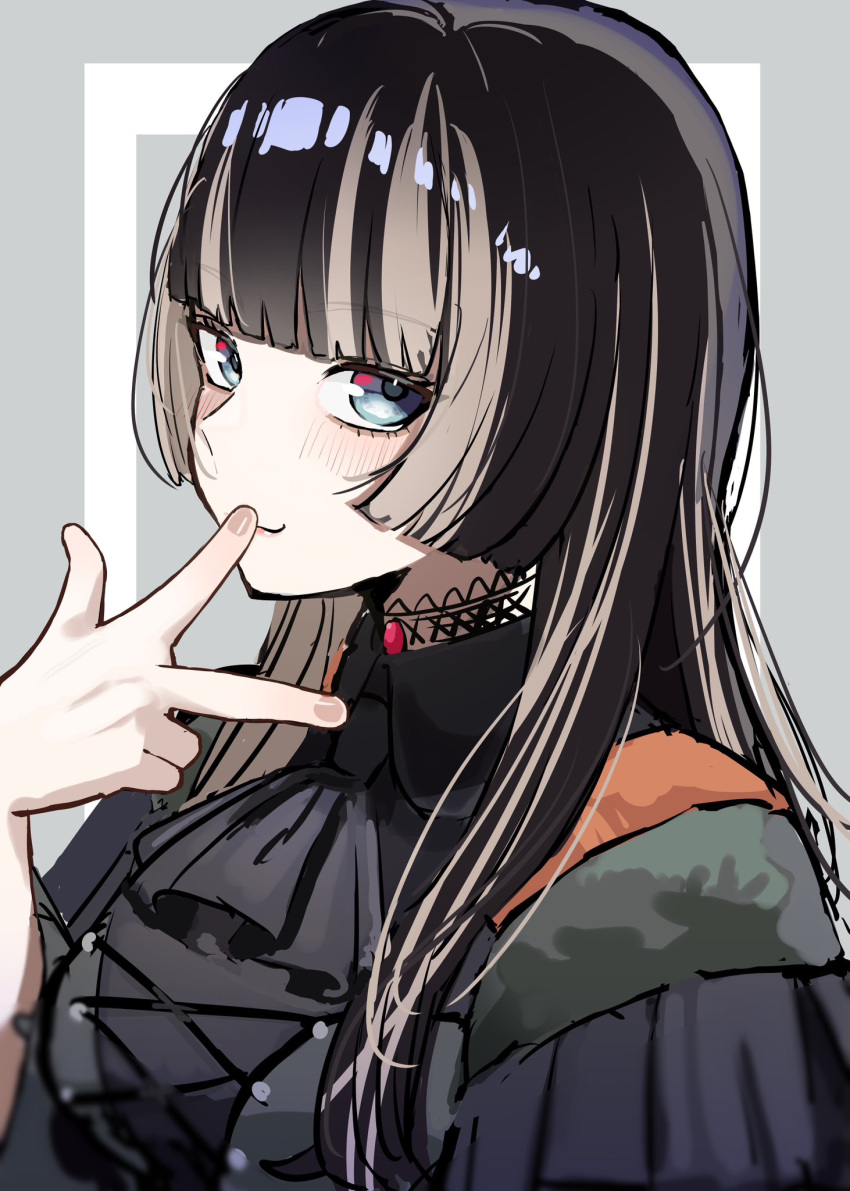 1girl, ascot, black_ascot, black_dress, black_eyeliner, black_hair, blue_eyes, blunt_bangs, blush, boxterebityan3, breasts, choker, commentary, cross-laced_clothes, cross-laced_dress, dress, eyeliner, finger_to_mouth, gothic_lolita, grey_background, grey_hair, highres, hololive, hololive_dev_is, juufuutei_raden, lace, lace-trimmed_choker, lace_choker, lace_trim, lolita_fashion, long_hair, looking_at_viewer, makeup, multicolored_hair, portrait, sidelocks, simple_background, sketch, smile, solo, streaked_hair, two-tone_hair, virtual_youtuber